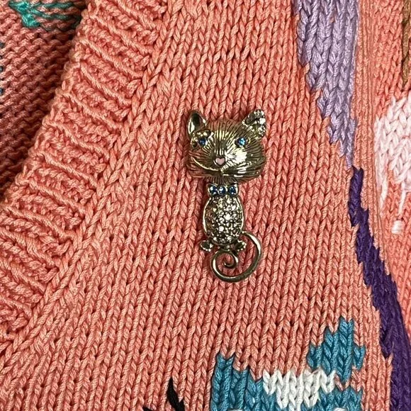 Berek 1989 Hand-Knit Cat Sweater Cardigan + Vintage Cat Brooch 100% Pima Cotton - Picture 6 of 8